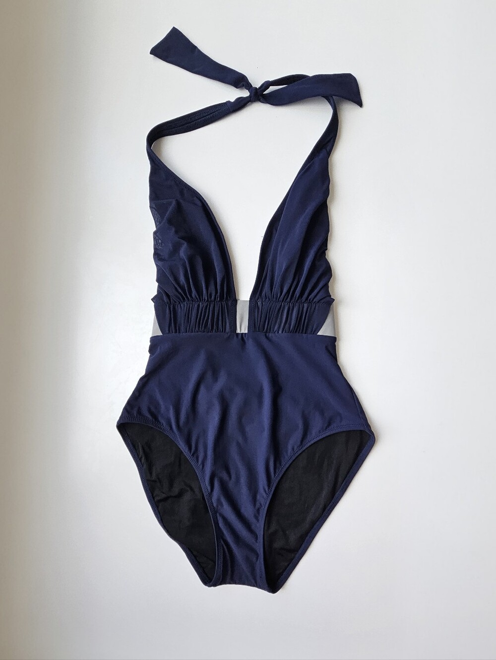 Gideon Oberson Vtg Navy Plunge Grey Waist Accent Scoop Back One Piece
